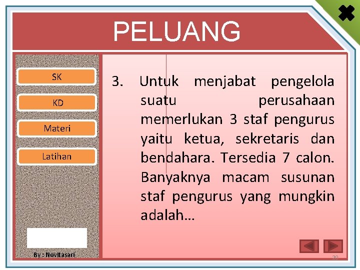 PELUANG SK KD Materi Latihan By : Novitasari 3. Untuk menjabat pengelola suatu perusahaan