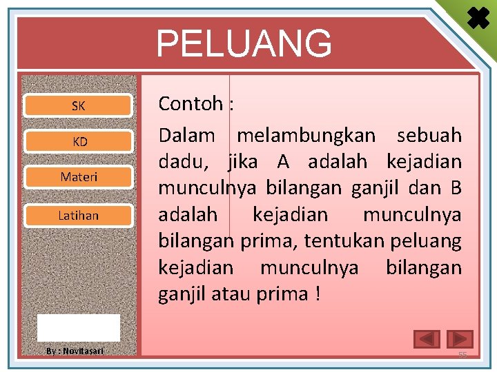 PELUANG SK KD Materi Latihan By : Novitasari Contoh : Dalam melambungkan sebuah dadu,