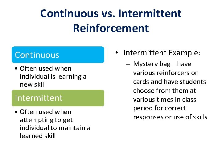 Continuous vs. Intermittent Reinforcement Continuous • Often used when individual is learning a new