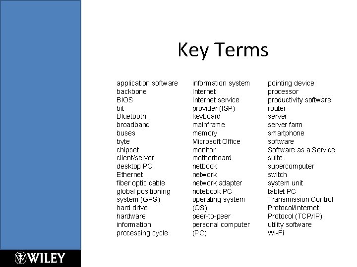 Key Terms application software backbone BIOS bit Bluetooth broadband buses byte chipset client/server desktop