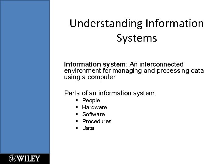 Understanding Information Systems Information system: An interconnected environment for managing and processing data using