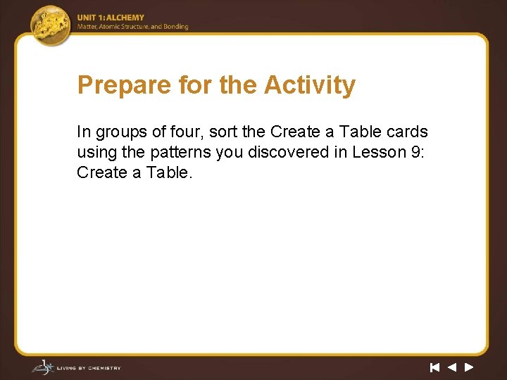 Prepare for the Activity In groups of four, sort the Create a Table cards
