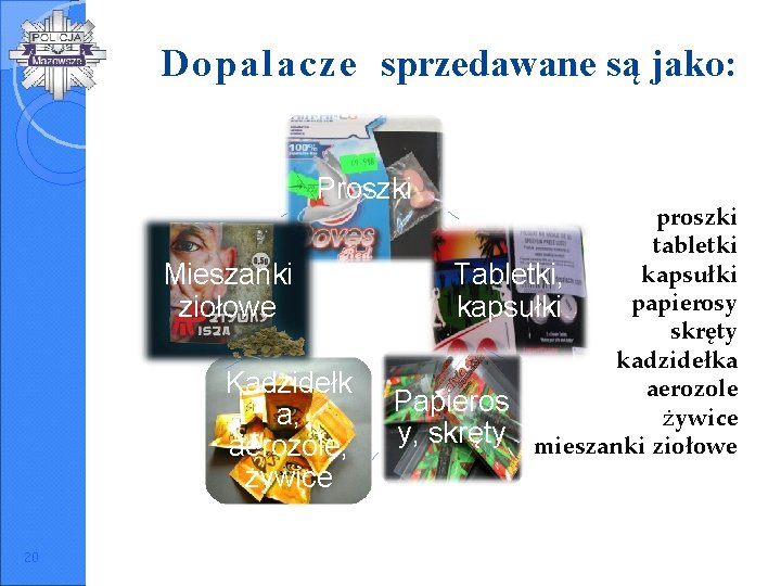 Dopalacze sprzedawane są jako: Proszki Mieszanki ziołowe Kadzidełk a, aerozole, żywice 20 proszki tabletki