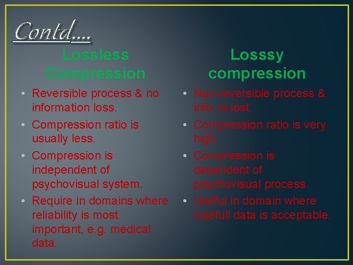 Contd…. Lossless Compression Losssy compression • Reversible process & no information loss. • Compression Contd…. Lossless Compression Losssy compression • Reversible process & no information loss. • Compression