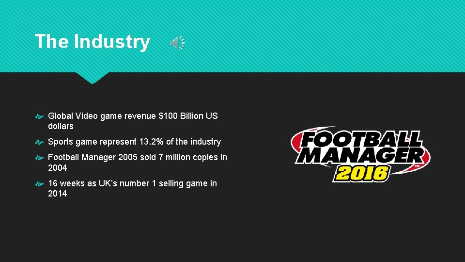 The Industry Global Video game revenue $100 Billion US dollars Sports game represent 13.