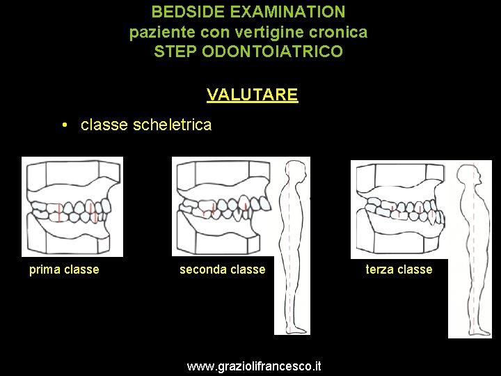 BEDSIDE EXAMINATION paziente con vertigine cronica STEP ODONTOIATRICO VALUTARE • classe scheletrica prima classe