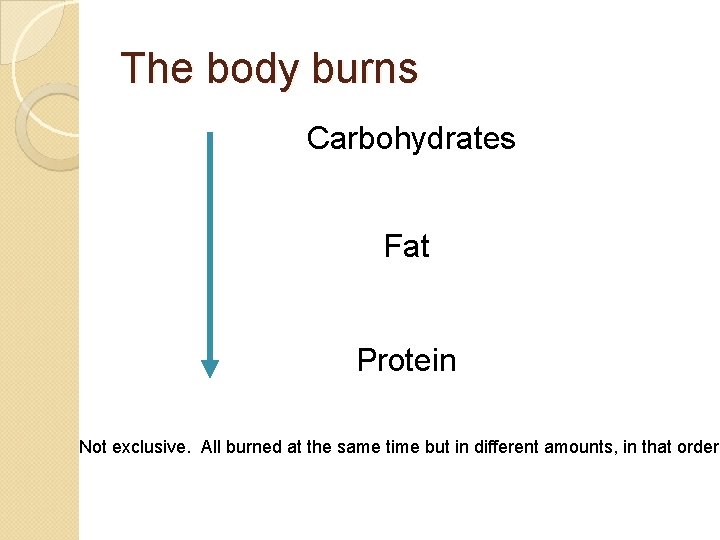 The body burns Carbohydrates Fat Protein Not exclusive. All burned at the same time