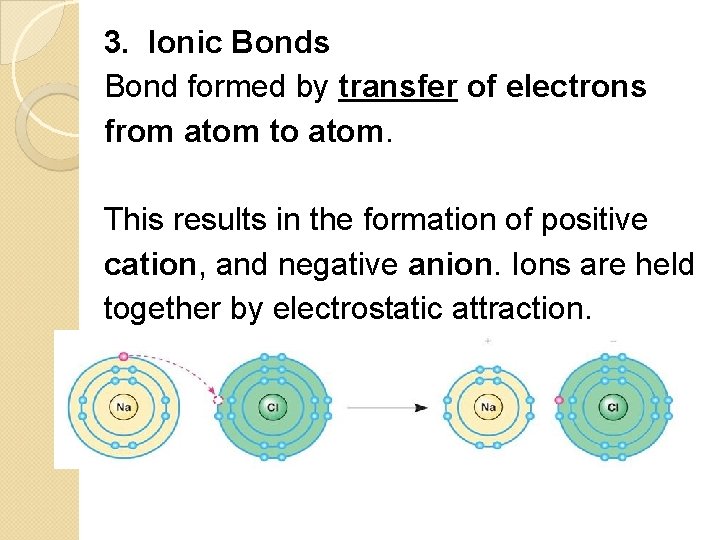 3. Ionic Bonds Bond formed by transfer of electrons from atom to atom. This