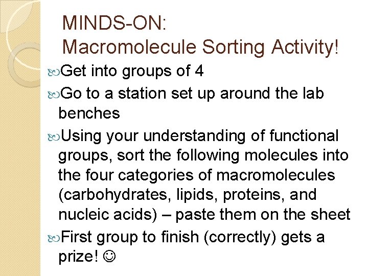 MINDS-ON: Macromolecule Sorting Activity! Get into groups of 4 Go to a station set