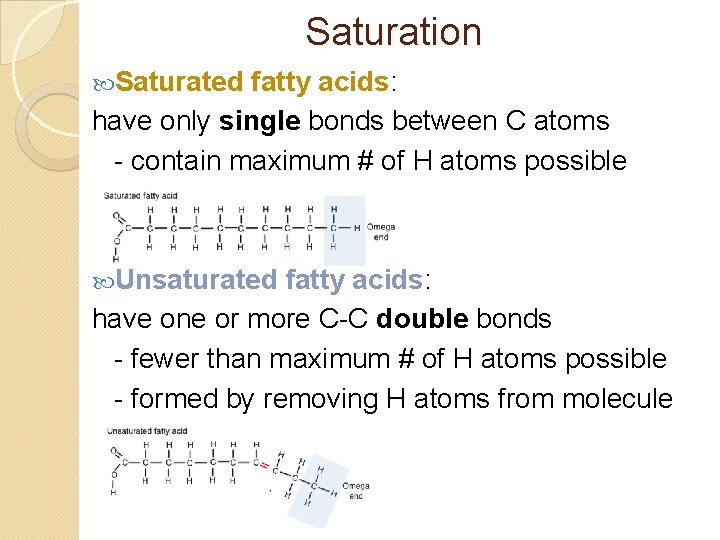 Saturation Saturated fatty acids: have only single bonds between C atoms - contain maximum