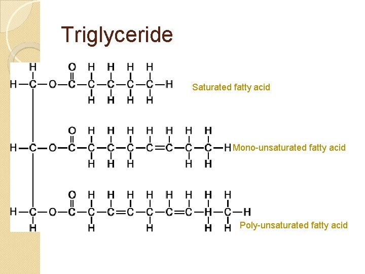 Triglyceride Saturated fatty acid Mono-unsaturated fatty acid Poly-unsaturated fatty acid 