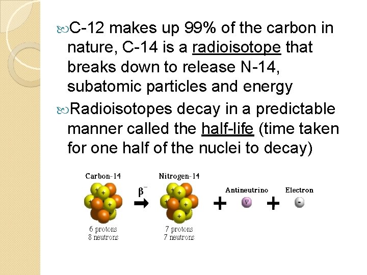  C-12 makes up 99% of the carbon in nature, C-14 is a radioisotope