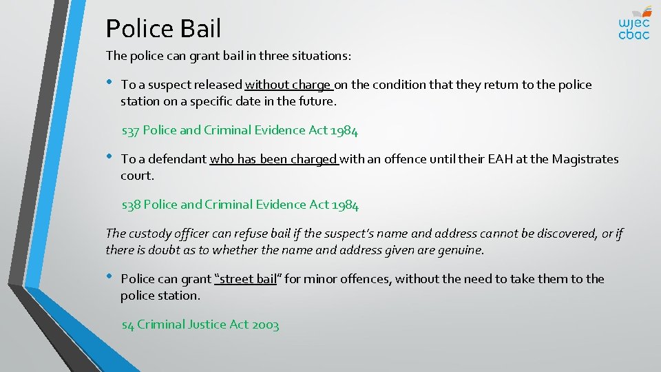 Police Bail The police can grant bail in three situations: • To a suspect