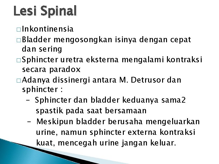 Lesi Spinal � Inkontinensia � Bladder mengosongkan isinya dengan cepat dan sering � Sphincter