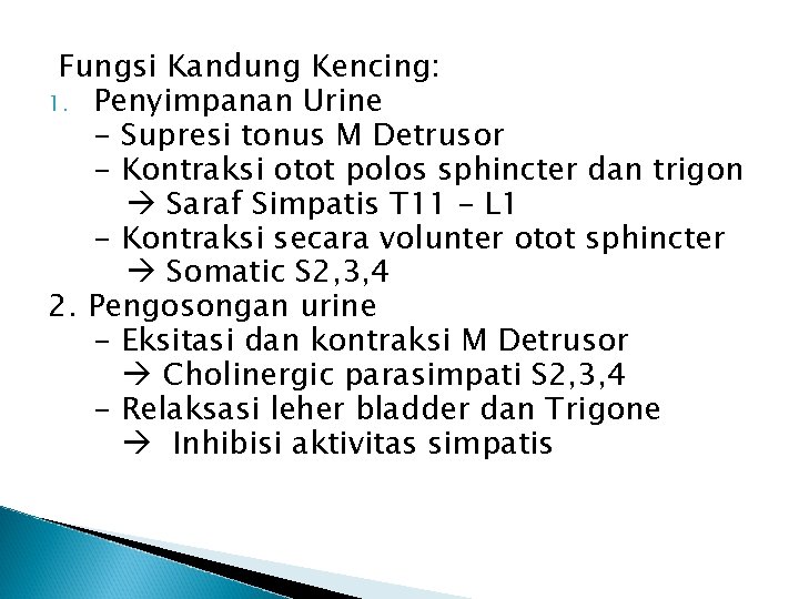 Fungsi Kandung Kencing: 1. Penyimpanan Urine - Supresi tonus M Detrusor - Kontraksi otot