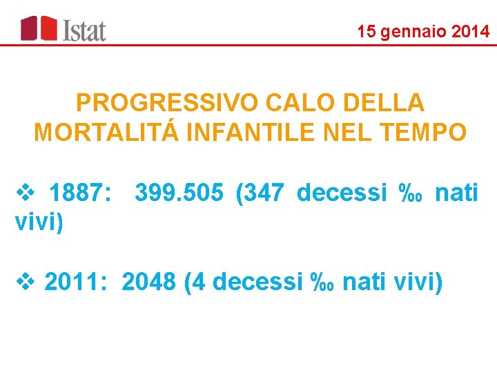 15 gennaio 2014 PROGRESSIVO CALO DELLA MORTALITÁ INFANTILE NEL TEMPO v 1887: 399. 505