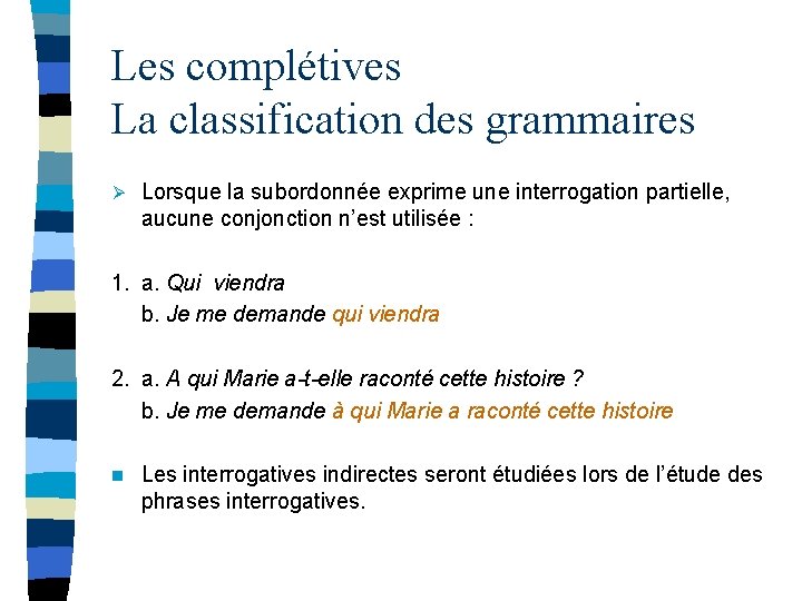 Les complétives La classification des grammaires Ø Lorsque la subordonnée exprime une interrogation partielle,