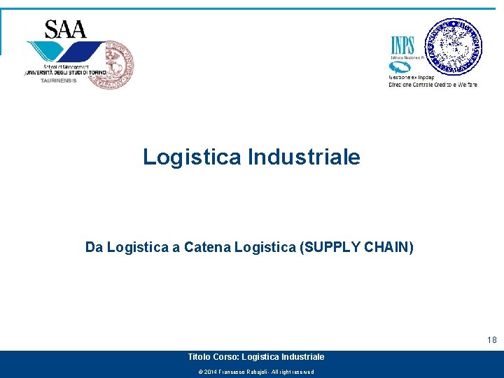 Logistica Industriale Da Logistica a Catena Logistica (SUPPLY CHAIN) 18 Titolo Corso: Logistica Industriale