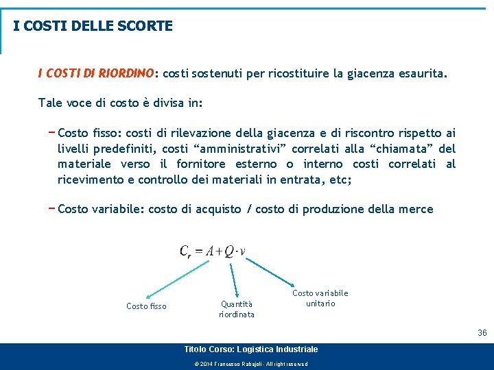 I COSTI DELLE SCORTE I COSTI DI RIORDINO: costi sostenuti per ricostituire la giacenza