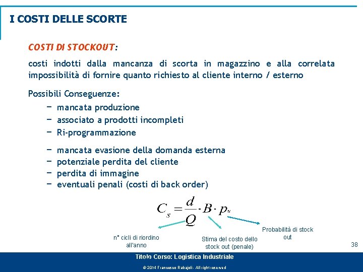 I COSTI DELLE SCORTE COSTI DI STOCKOUT: costi indotti dalla mancanza di scorta in