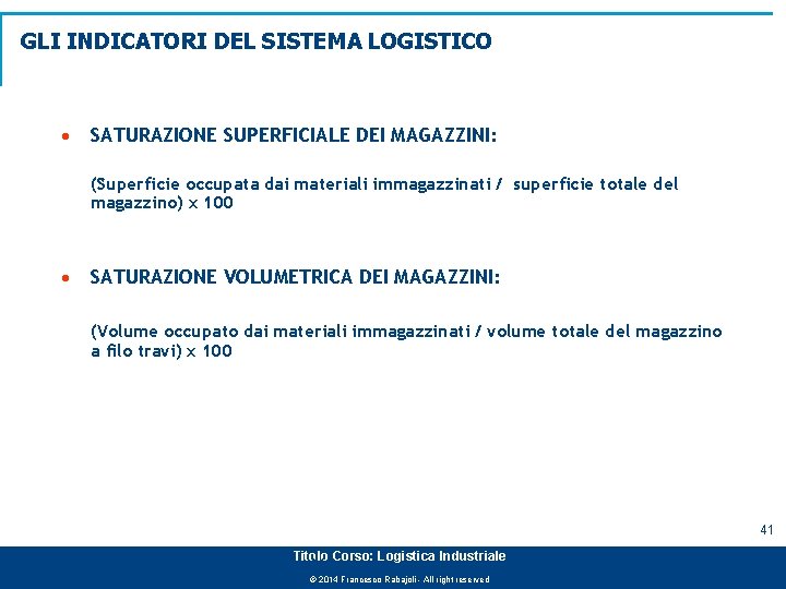 GLI INDICATORI DEL SISTEMA LOGISTICO · SATURAZIONE SUPERFICIALE DEI MAGAZZINI: (Superficie occupata dai materiali