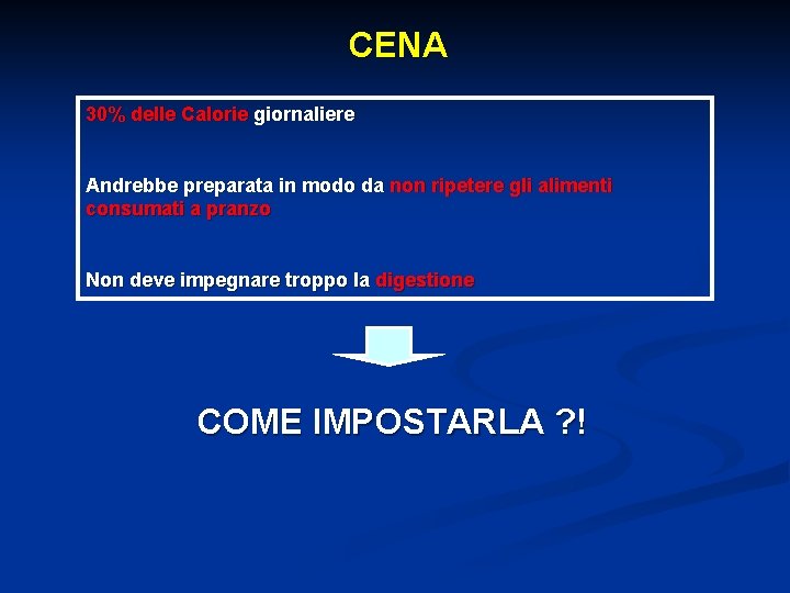 CENA 30% delle Calorie giornaliere Andrebbe preparata in modo da non ripetere gli alimenti