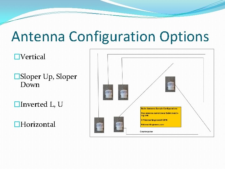 Antenna Configuration Options �Vertical �Sloper Up, Sloper Down �Inverted L, U �Horizontal 