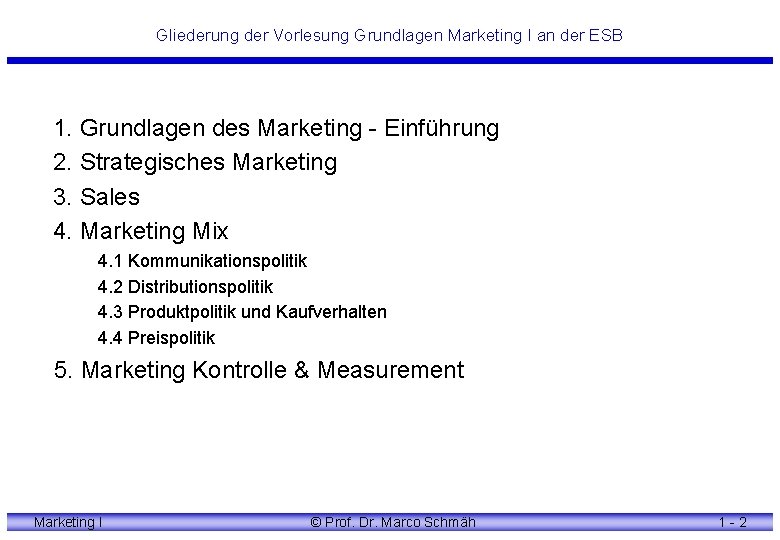 Gliederung der Vorlesung Grundlagen Marketing I an der ESB 1. Grundlagen des Marketing -