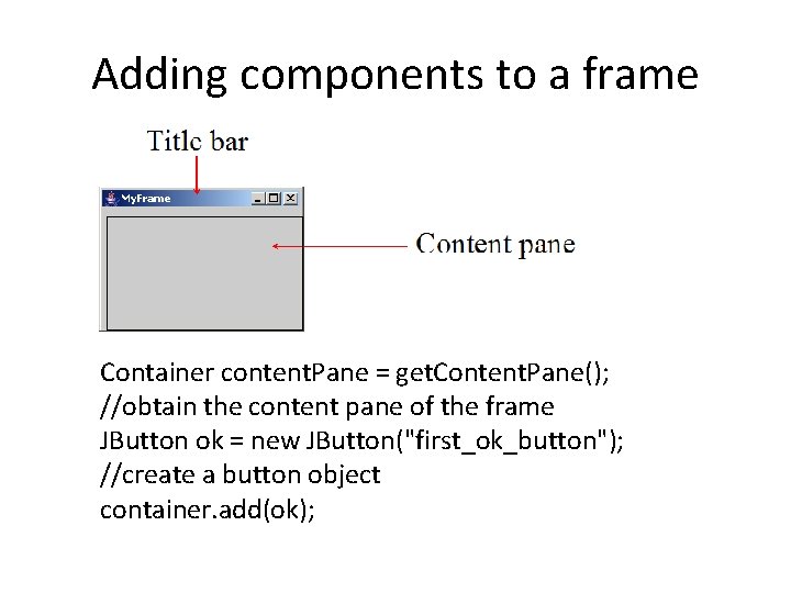 Adding components to a frame Container content. Pane = get. Content. Pane(); //obtain the