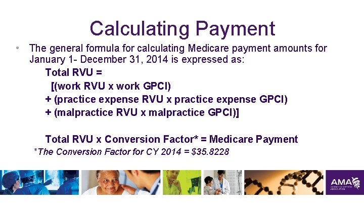 Calculating Payment • The general formula for calculating Medicare payment amounts for January 1