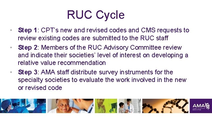RUC Cycle • Step 1: CPT’s new and revised codes and CMS requests to