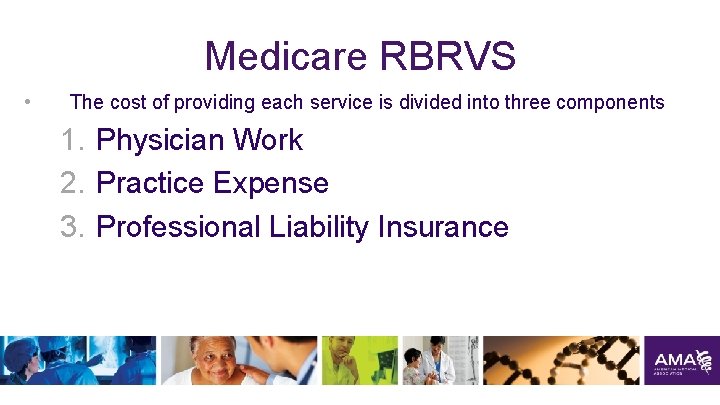 Medicare RBRVS • The cost of providing each service is divided into three components