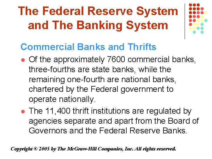 The Federal Reserve System and The Banking System Commercial Banks and Thrifts l l