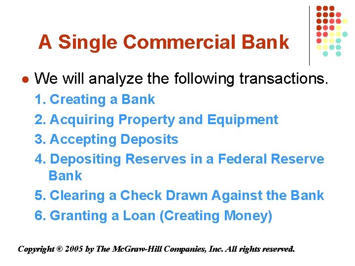 A Single Commercial Bank l We will analyze the following transactions. 1. Creating a