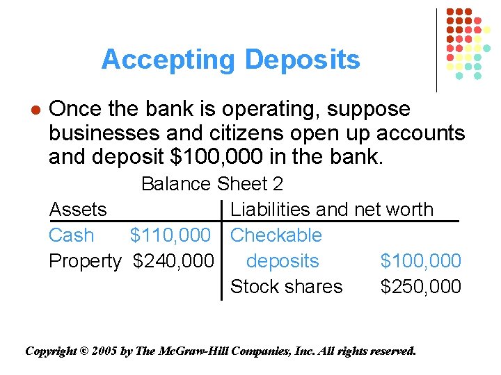 Accepting Deposits l Once the bank is operating, suppose businesses and citizens open up