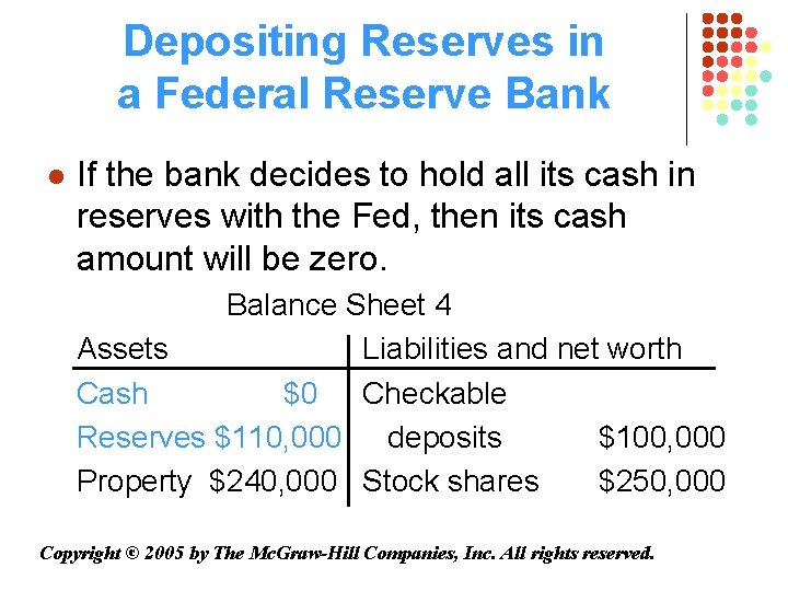 Depositing Reserves in a Federal Reserve Bank l If the bank decides to hold