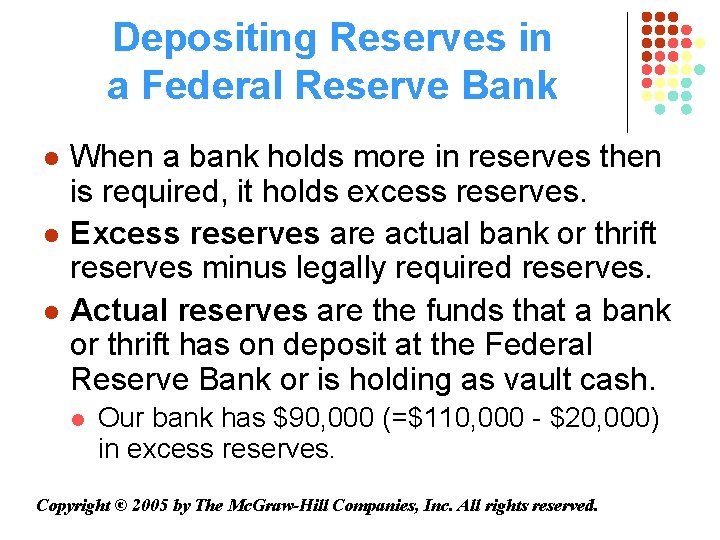 Depositing Reserves in a Federal Reserve Bank l l l When a bank holds