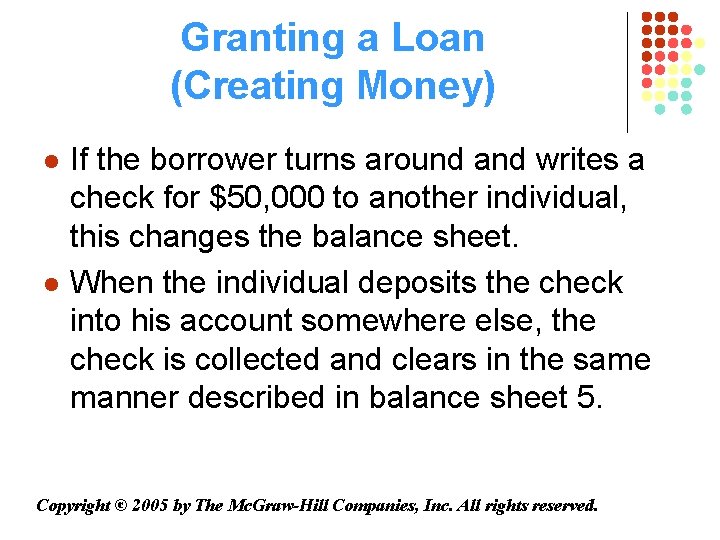 Granting a Loan (Creating Money) l l If the borrower turns around and writes