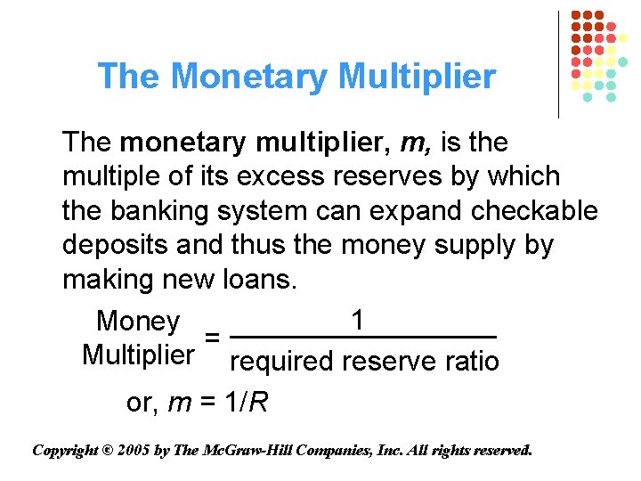 The Monetary Multiplier The monetary multiplier, m, is the multiple of its excess reserves