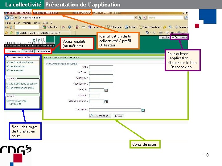 La collectivité Présentation de l’application Volets onglets (ou métiers) Identification de la collectivité /