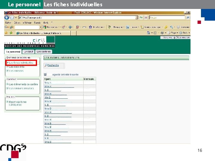 Le personnel Les fiches individuelles 16 