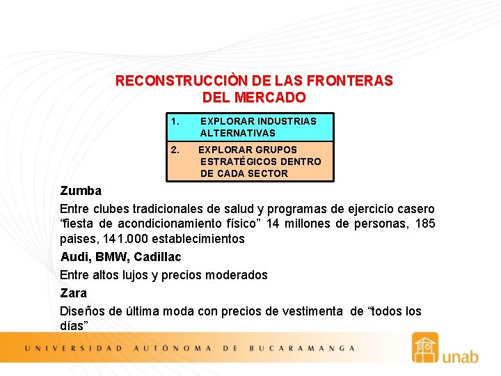 RECONSTRUCCIÒN DE LAS FRONTERAS DEL MERCADO 1. EXPLORAR INDUSTRIAS ALTERNATIVAS 2. EXPLORAR GRUPOS ESTRATÉGICOS
