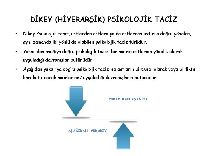 DİKEY (HİYERARŞİK) PSİKOLOJİK TACİZ • Dikey Psikolojik taciz, üstlerden astlara ya da astlardan üstlere