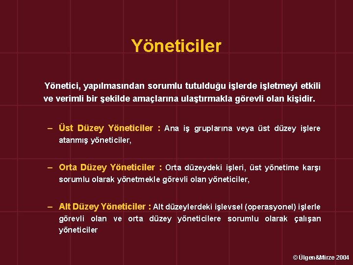 Yöneticiler Yönetici, yapılmasından sorumlu tutulduğu işlerde işletmeyi etkili ve verimli bir şekilde amaçlarına ulaştırmakla