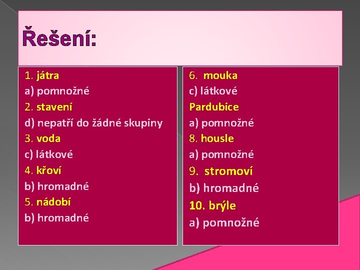 Řešení: 1. játra a) pomnožné 2. stavení d) nepatří do žádné skupiny 3. voda