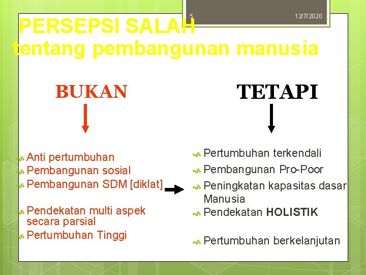 5 12/7/2020 PERSEPSI SALAH tentang pembangunan manusia BUKAN Anti pertumbuhan Pembangunan sosial Pembangunan SDM