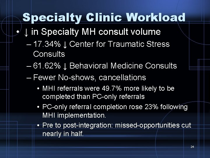 Specialty Clinic Workload • ↓ in Specialty MH consult volume – 17. 34% ↓