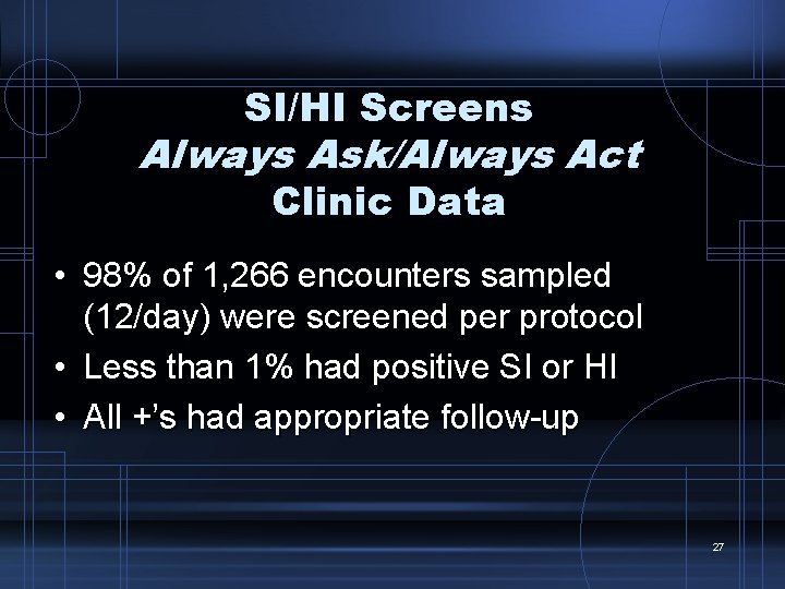 SI/HI Screens Always Ask/Always Act Clinic Data • 98% of 1, 266 encounters sampled
