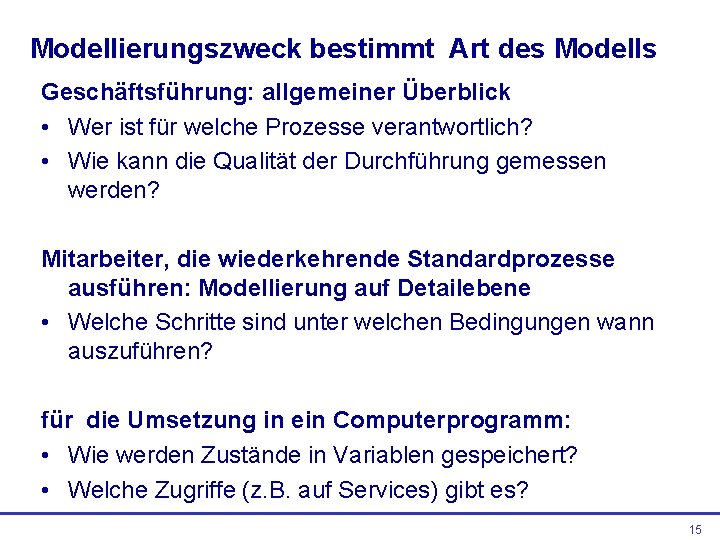 Modellierungszweck bestimmt Art des Modells Geschäftsführung: allgemeiner Überblick • Wer ist für welche Prozesse