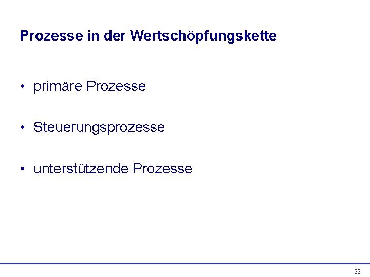 Prozesse in der Wertschöpfungskette • primäre Prozesse • Steuerungsprozesse • unterstützende Prozesse 23 